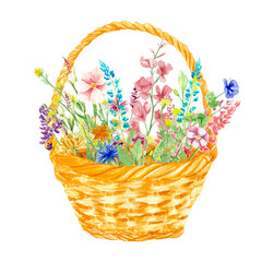 watercolor beautiful yellow basket with flowers clip in the style of on white background