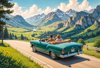 A green vintage convertible car driving on a winding mountain road with snow-capped peaks in the background, surrounded by lush green meadows and forests