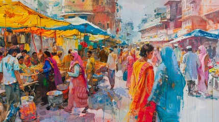 city market scene, bustling with people and colorful stalls, capturing the essence of urban life