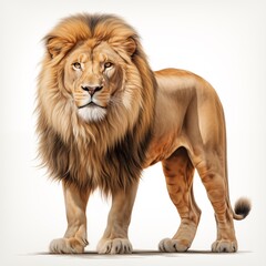 Illustrate a powerful adult Lion standing proudly, its horn prominent, against a pristine white backdrop 