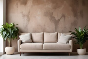 living room gainst blank brown stucco wall with copy space, home.