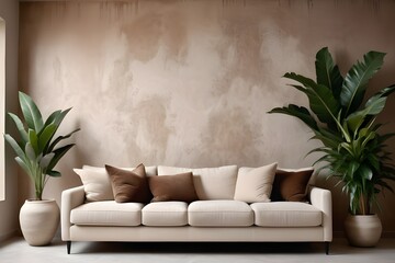 living room gainst blank brown stucco wall with copy space, home.