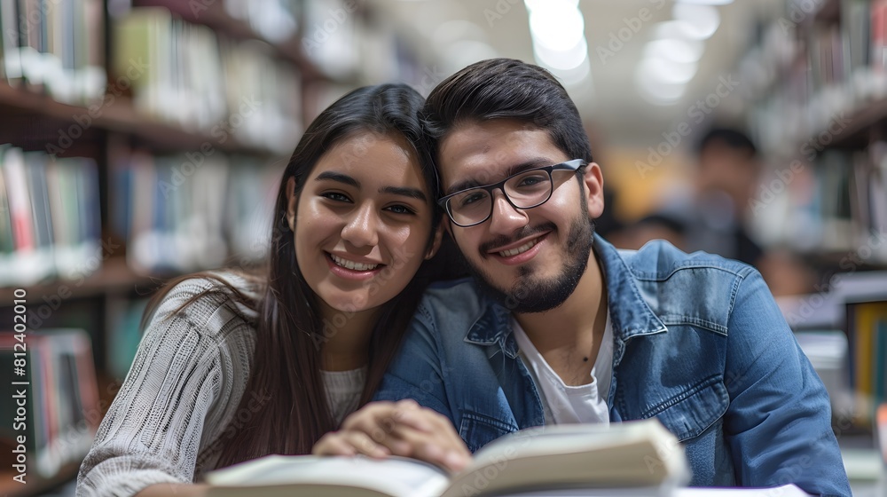 Poster two smiling university students researching together in library