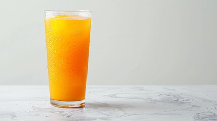 Vibrant orange juice in a tall glass, dew drops visible, isolated on white