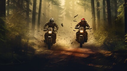 two motorcyclists doing extreme sports with mopeds in the forest