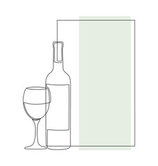 Bottle of wine with wine glass in continuous line art drawing style. Hand drawn minimalistic design.