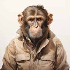 Illustrate a powerful adult monkey standing proudly, its horn prominent, against a pristine white backdrop 