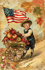 Nostalgic illustration of a boy in red suit pushing a cart with turkey atop American flag background, perfect for Macy's Thanksgiving Day