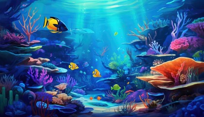 Tropical fish in the underwater, coral reef, amazing underwater life, various fish and exotic coral reefs, ocean wild creatures background