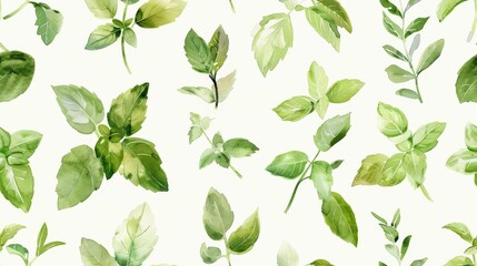 Watercolor herbs, including basil and mint, perfect for culinary or garden themes seamless pattern