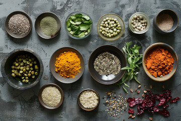 Assorted superfoods and spices on rustic table