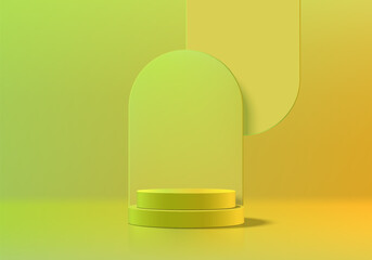 3D product podium background yellow and green color with overlap arch backdrop. Abstract composition in minimal design. Studio showroom product pedestal, Fashion showcase mockup scene. Banner cosmetic