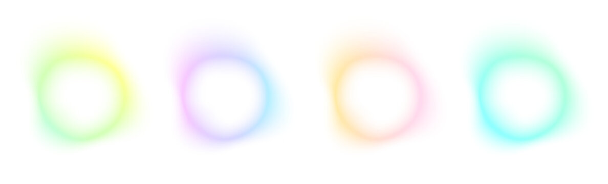 Set of abstract color gradient free form isolated on white backgrounds. Collection of colorful blend mesh with soft neon light. Holographic iridescent round circles with liquid vibrant gradient blur.