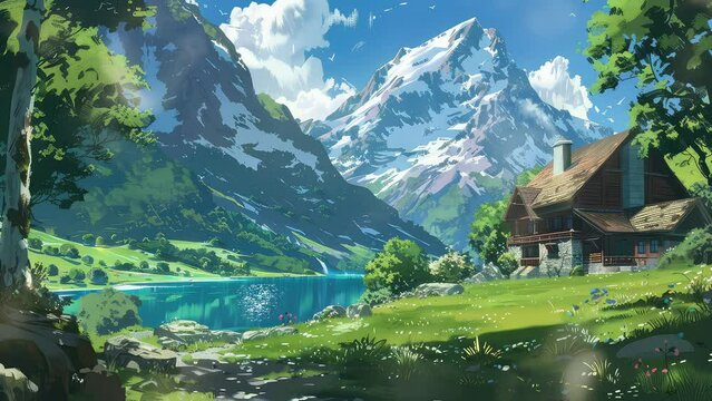 Idyllic mountain cabin by a serene lake animation seamless 4k video footage looping background. generated with ai