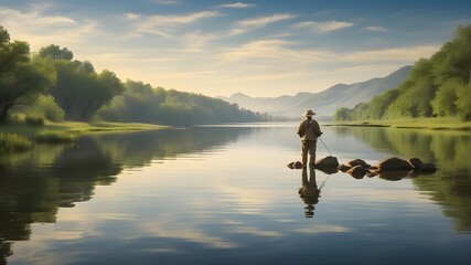 "A lone fisherman casting his line into the tranquil waters, surrounded by the peaceful sounds of nature and the gentle ripples of the water."