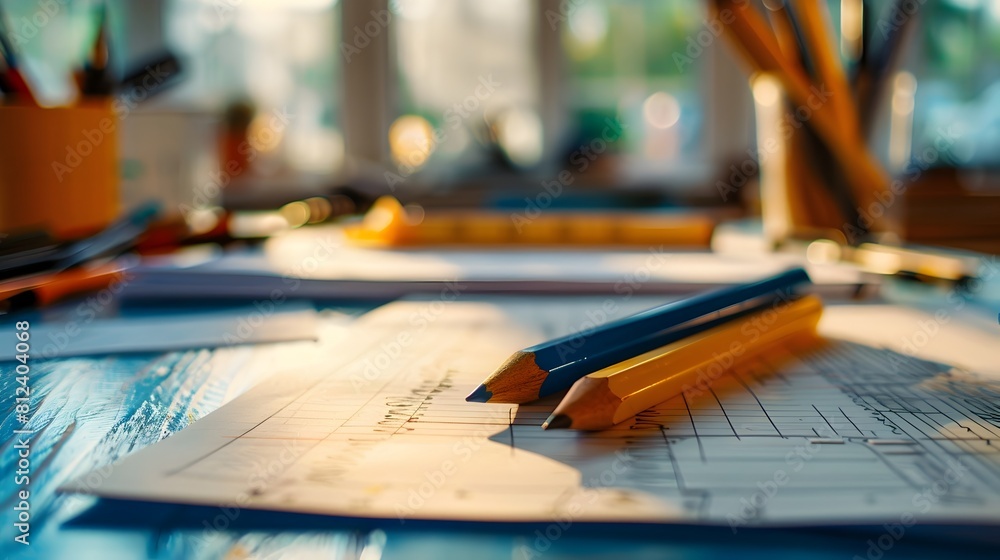 Poster architect's workspace with drafting tools and stationery essentials for creative design projects