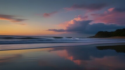 A serene beach at dawn with gentle waves rolling onto the shore