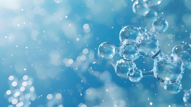 3D rendering of a transparent molecular structure containing carbon and keratin spheres on a blue background. creating depth through light reflections on bubbles and particles.
