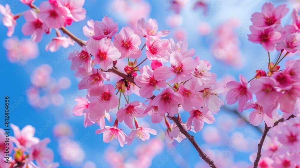 Sticker Blooming pink sakura tree branches creating a picturesque scene with the sky in the background