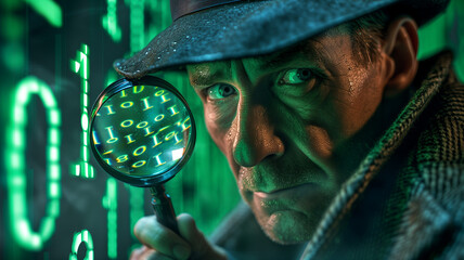 close-up of a man in a detective's outfit, scrutinizing digital code through a magnifying glass