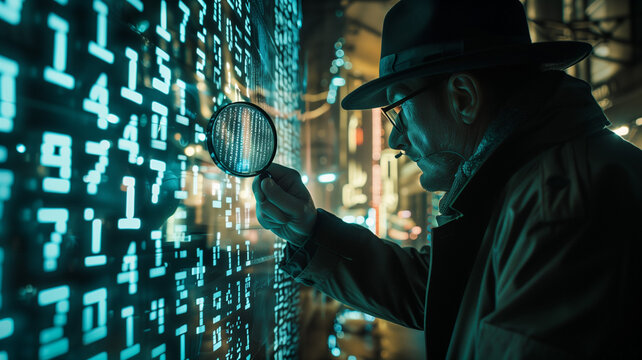 A captivating image of a man dressed as a classic detective, using a magnifying glass to closely examine a glowing digital wall,