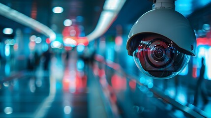 An AI camera at the airport capturing people in motion, with blurry hallways and security cameras providing background for advertising.
