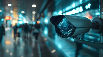 An AI camera at the airport capturing people in motion, with blurry hallways and security cameras providing background for advertising.
