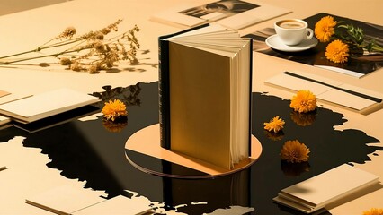 A table with a book, flowers, and coffee cup on top