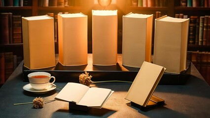 A table with books neatly stacked next to a cup of coffee