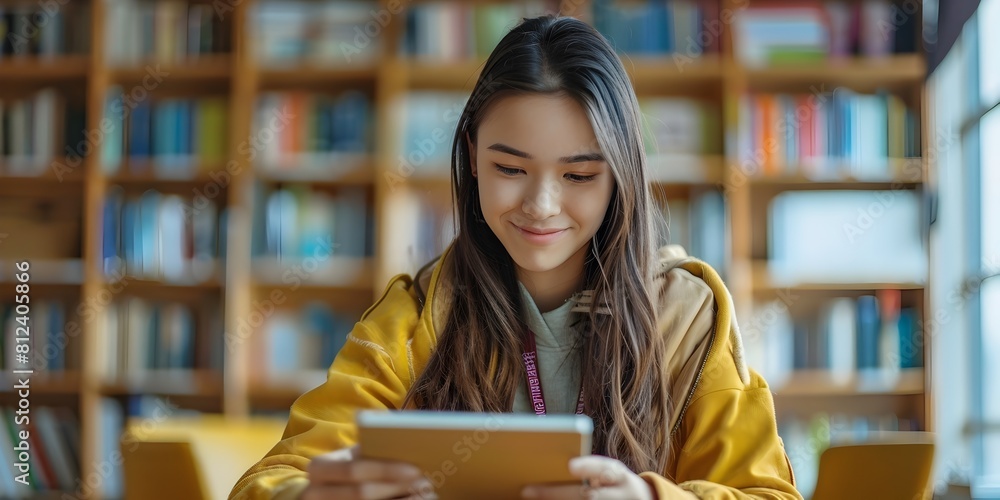 Poster student connecting with tutor via digital learning app in library studying and preparing for exams