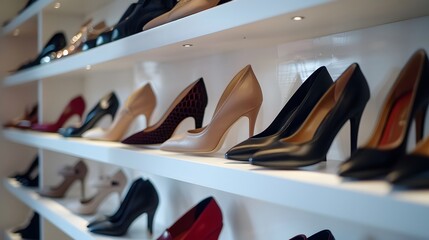 A pair of elegant high heels on display in an open, white wall shelf with other shoes. 
