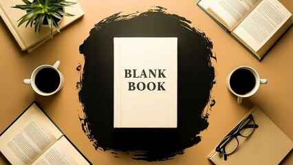 A blank book on a table surrounded by books and a cup of coffee