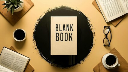 A blank book on a table with coffee, glasses, and books