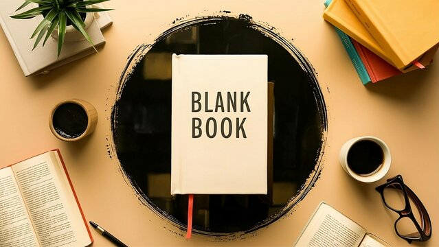 serene scene of a blank book resting on a table, accompanied by coffee, books, glasses, and a plant