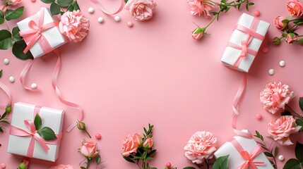 A pink background with small roses and ribbons, gifts wrapped in white paper are arranged on the left side of the picture. creating an elegant atmosphere for Mother's Day or other special events. 
