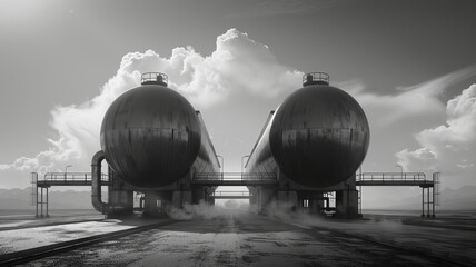 create two large gasoline tanks, black and white style, connected with a pipe,generative ai