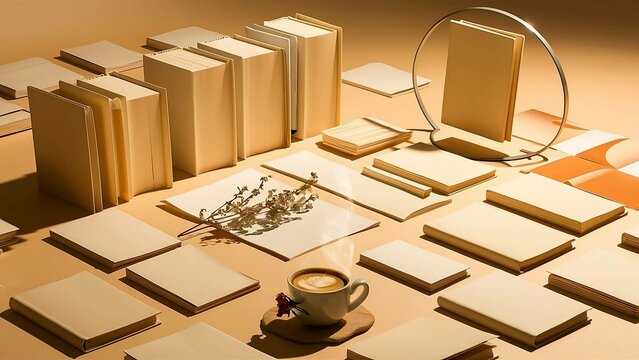 A coffee cup and books on a table
