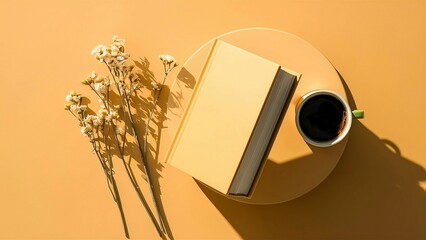 A cup of coffee and a book placed on a yellow background, creating a cozy and inviting atmosphere
