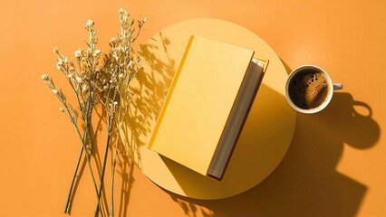 A cup of coffee next to an open book on an orange background