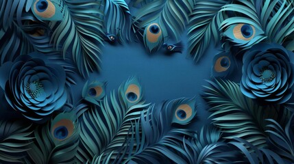 Fototapeta premium paper-cut-style background Peacock feathers , texture and shadow, fashion photography, space for text