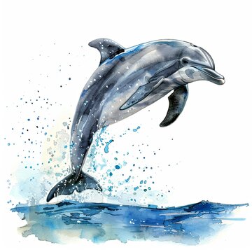 recommend clip art: A jumping dolphin watercolor clipart illustration on white background
