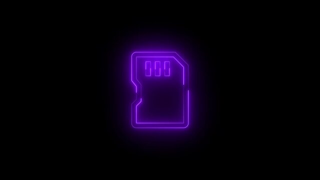 Neon glowing purple color sd card icon on black background animation