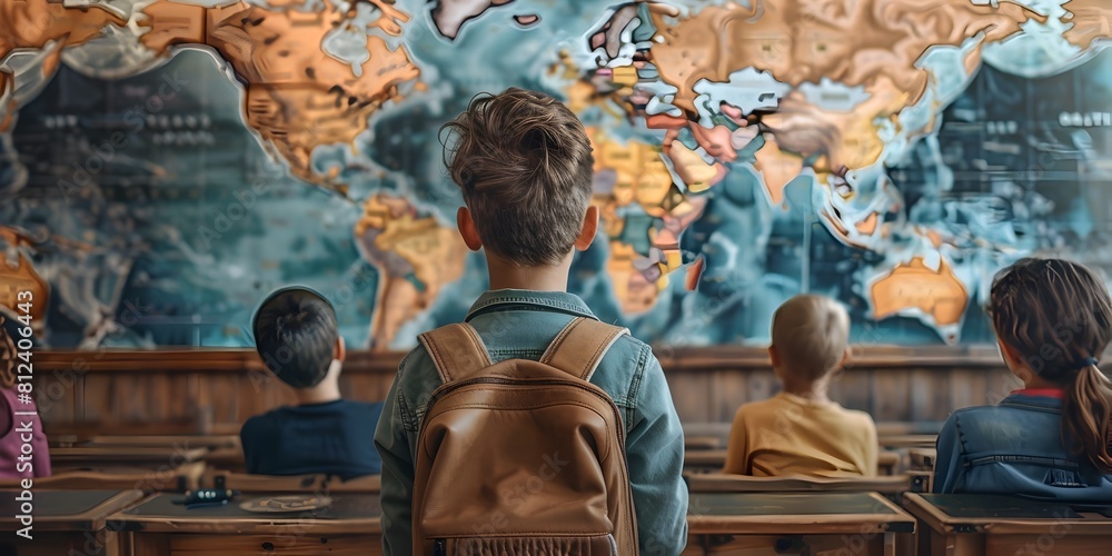 Poster student exploring global educational systems and impacts in classroom with world map description thi