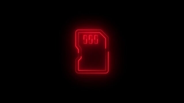 Neon glowing red color sd card icon on black background animation
