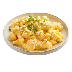 Scrambled eggs with parsley on a white plate. isolated on a transparent background