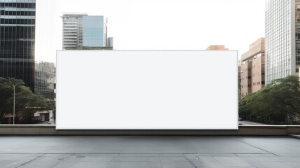 A large white billboard sits in front of a city skyline