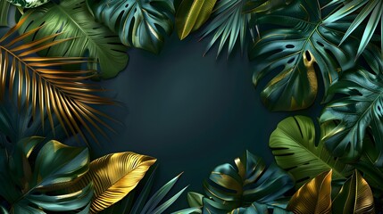 Luxury gold and green tropical leaves on a dark background banner with copy space, in the style of a vector illustration. 
