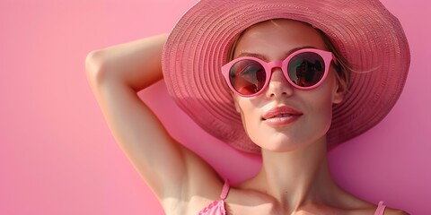 Fashionable Woman in Pink Hat and Sunglasses Posing for Virtual Fashion Styling Service Website