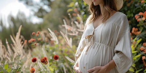 Maternity Fashion in Serene Natural Setting Showcases Comfort and Style for Expecting Mothers