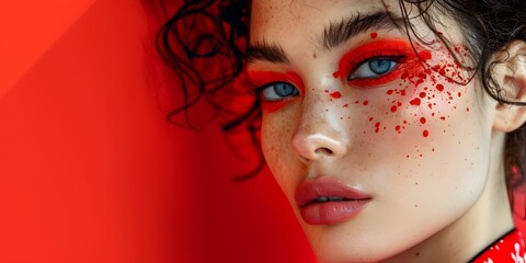 Captivating Fashion and Beauty Portrait with Vibrant Red Accents and Floral Elements